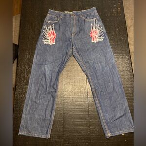 Y2K Baggy Blue Denim Jeans with Red Wing Embroidery